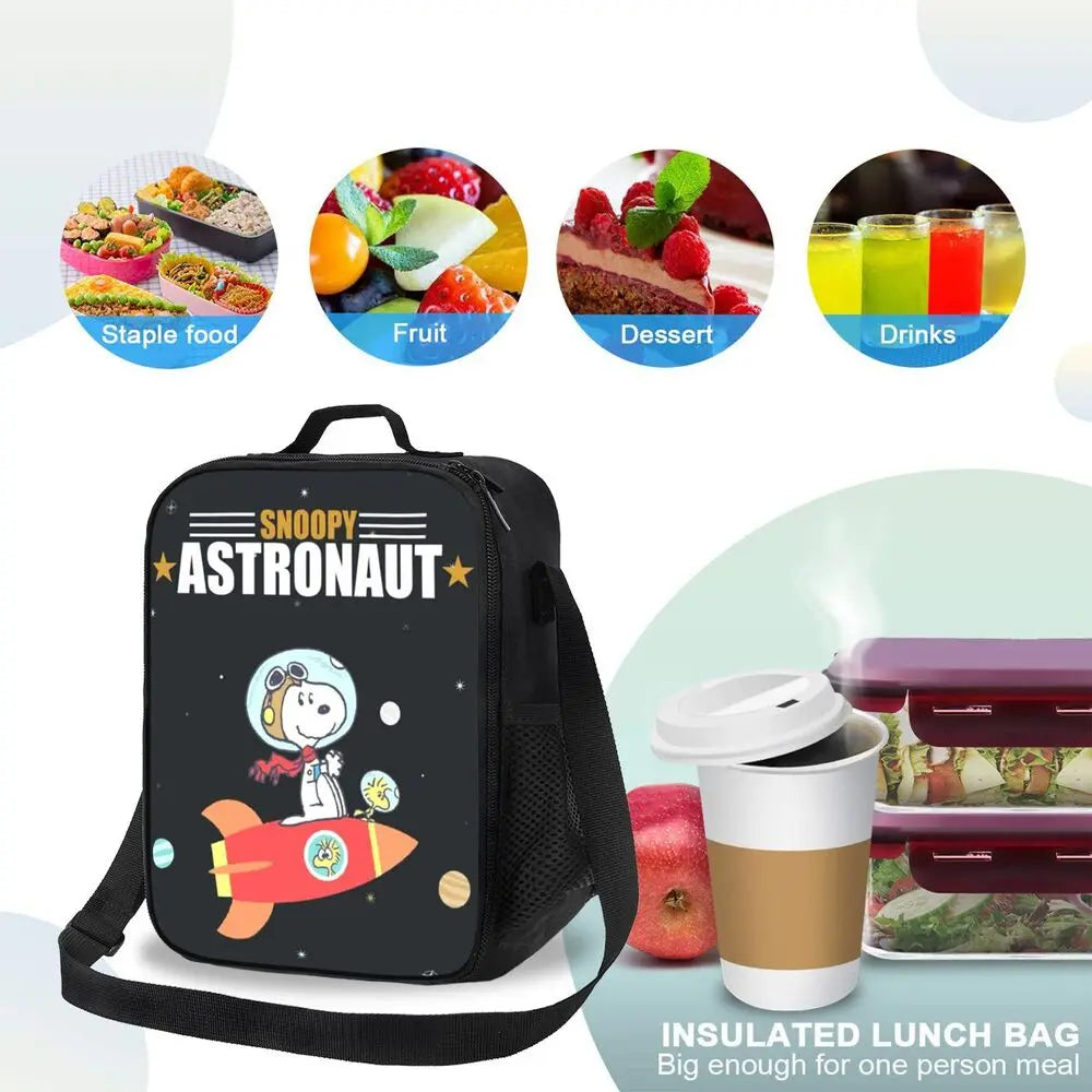 Custom Cartoon Snoopy Astronaut Lunch Bag Women Warm Cooler Insulated Lunch Box for Student School