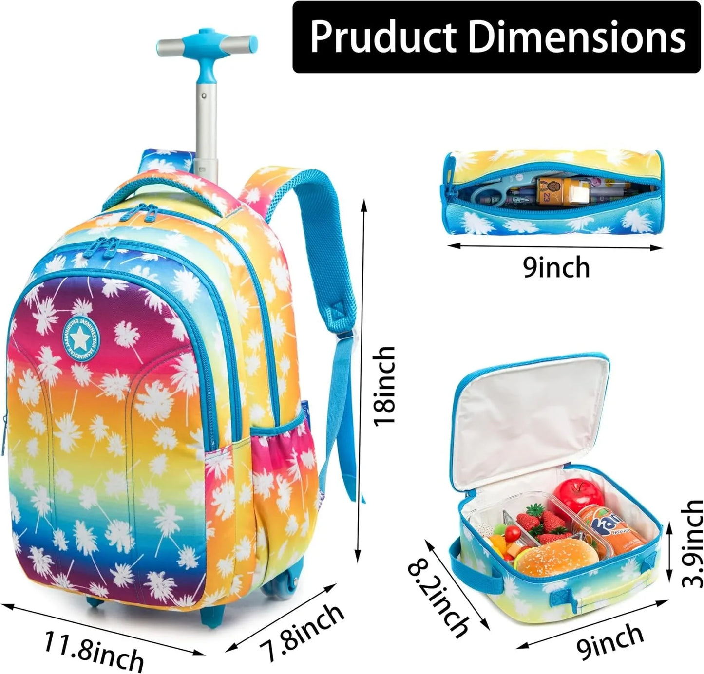 Girls School Backpack Child Wheeled Bag Set for Boys Roller Bag Rolling Luggage School Trolley Backpack with Lunch Bag Insulated