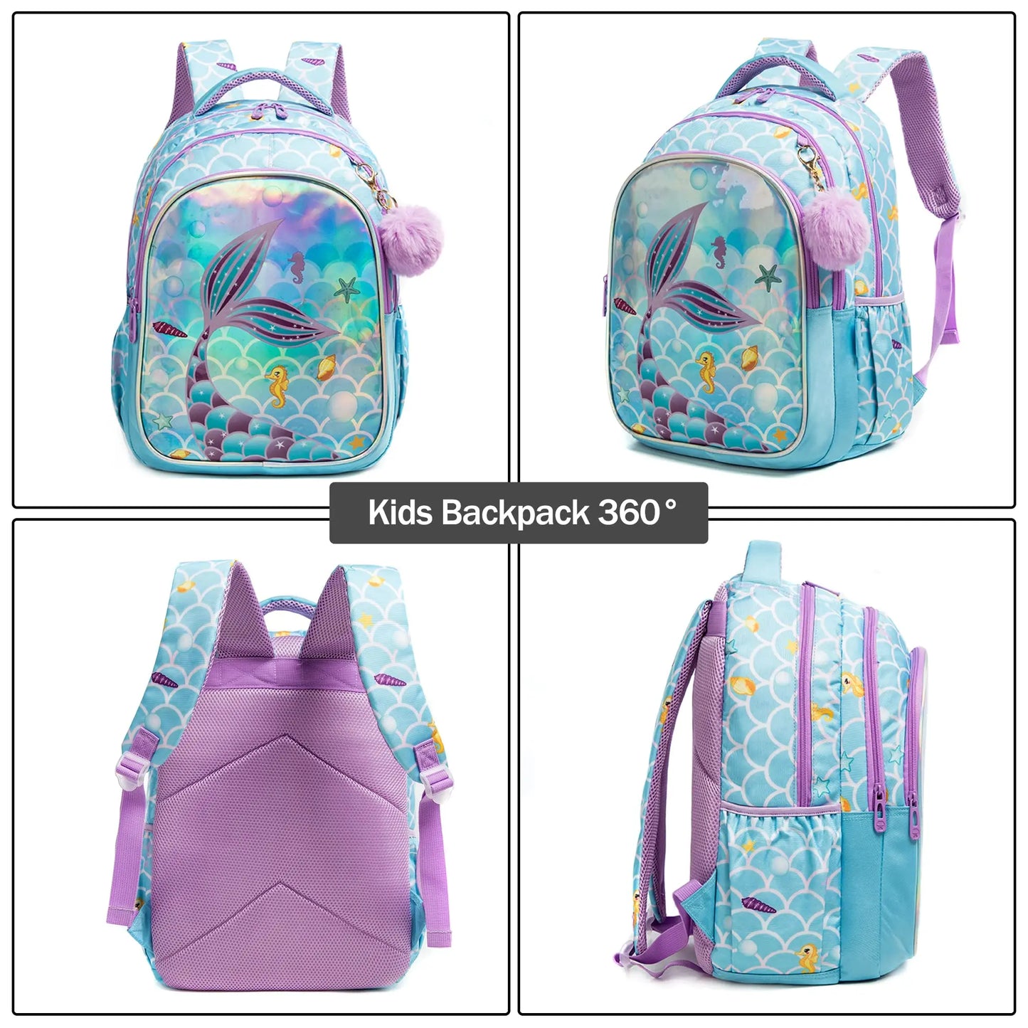 BIkab 3-piece Set School Bags for Girls  Backpack Kids  Kawaii Schoolbag Mermaid Design Backpack for Kids