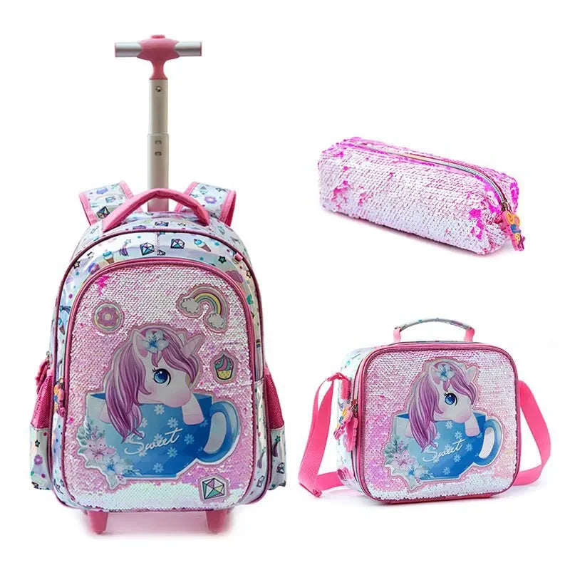 16 Inch School Backpack for Girls Children's Wheeled Backpack Sequin Bag with Lunch Box Pencil Cases for Elementary Students