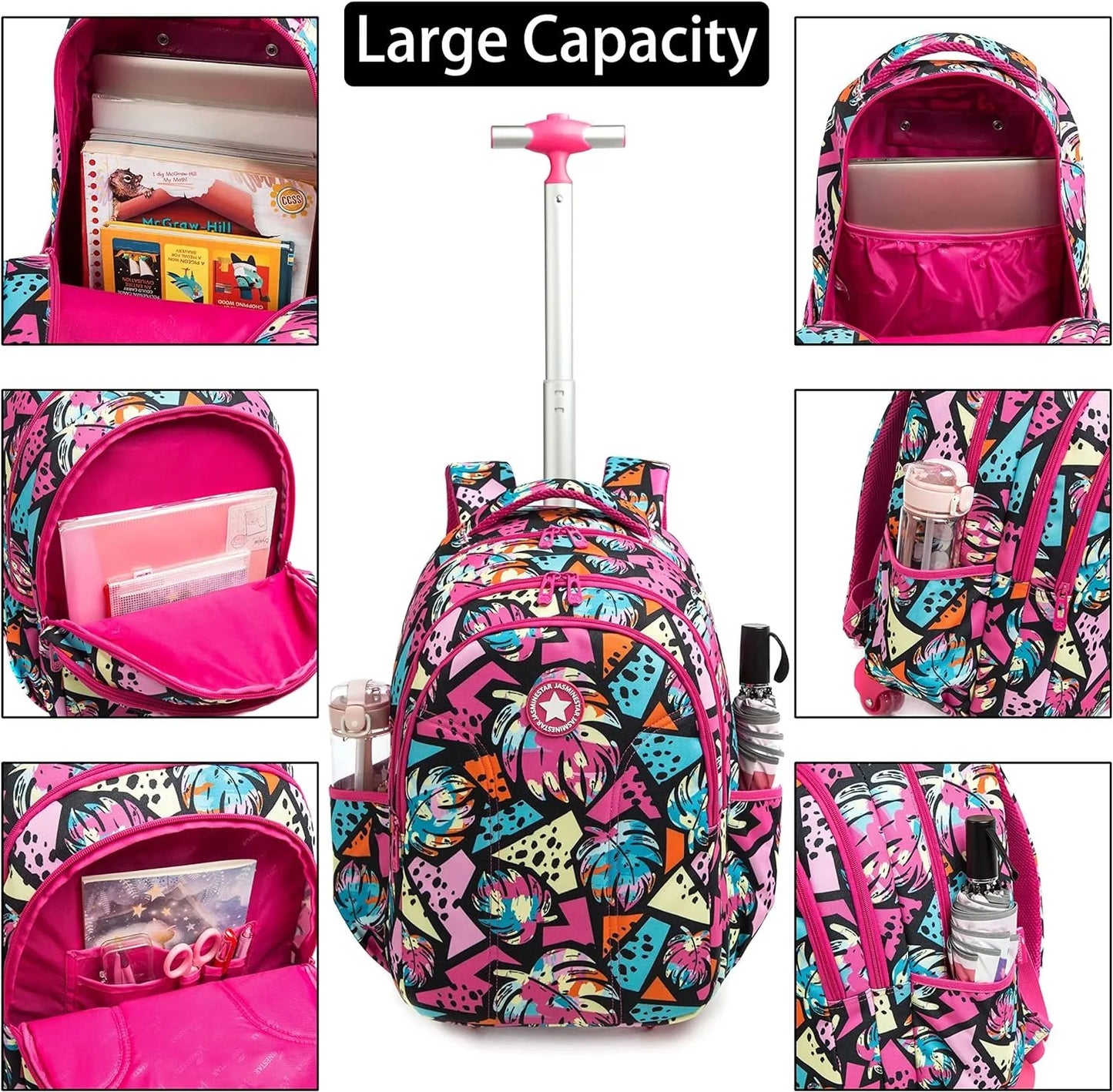 18 Inch School Bags Wheeled Backpack for Boys Girls Travel Rolling Backpack School Trolley Bag Set with Thermal Lunch Box