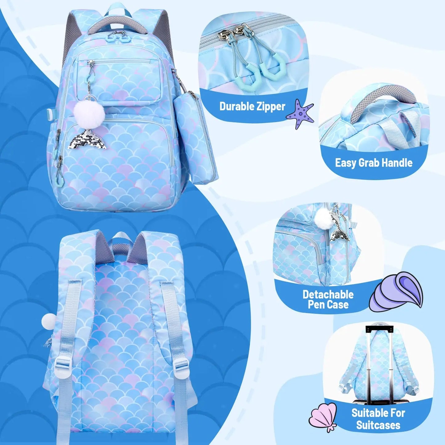 3pcs/Set Kid Backpack With Mermaid pendant Girl waterproof School Bag Children Schoolbag For teenage girls Fish Scale Print