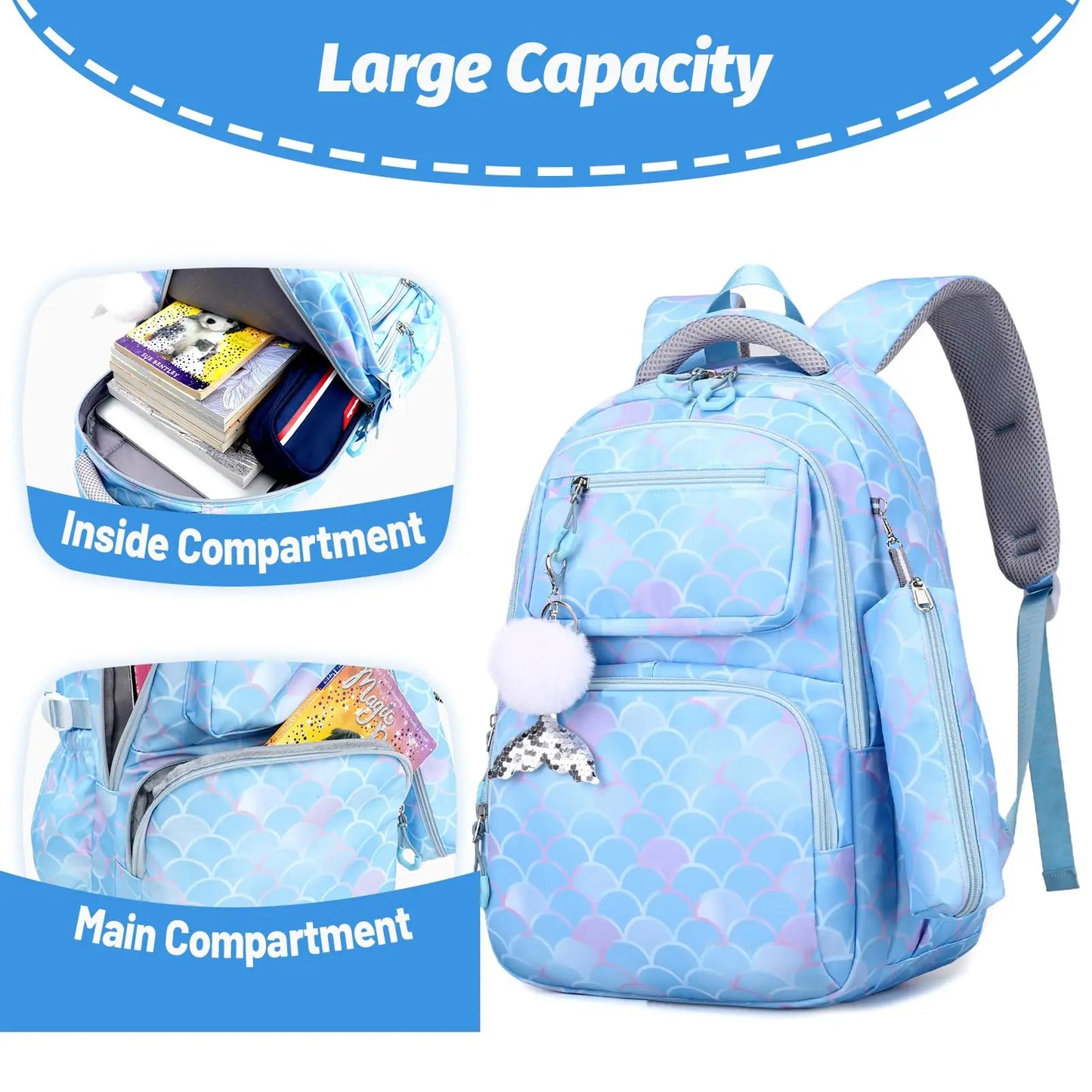 3pcs/Set Kid Backpack With Mermaid pendant Girl waterproof School Bag Children Schoolbag For teenage girls Fish Scale Print