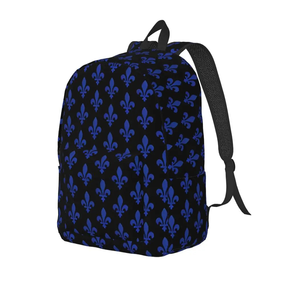 Elegant Lily Flower Fleur-De-Lys Blue And Black Backpack for Men Women Cool High School Daypack Laptop Canvas Bags with Pocket