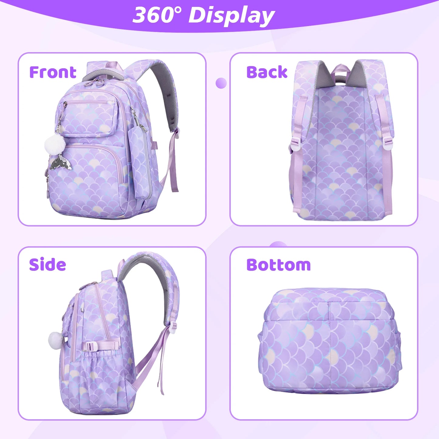 3pcs/Set Kid Backpack With Mermaid pendant Girl waterproof School Bag Children Schoolbag For teenage girls Fish Scale Print