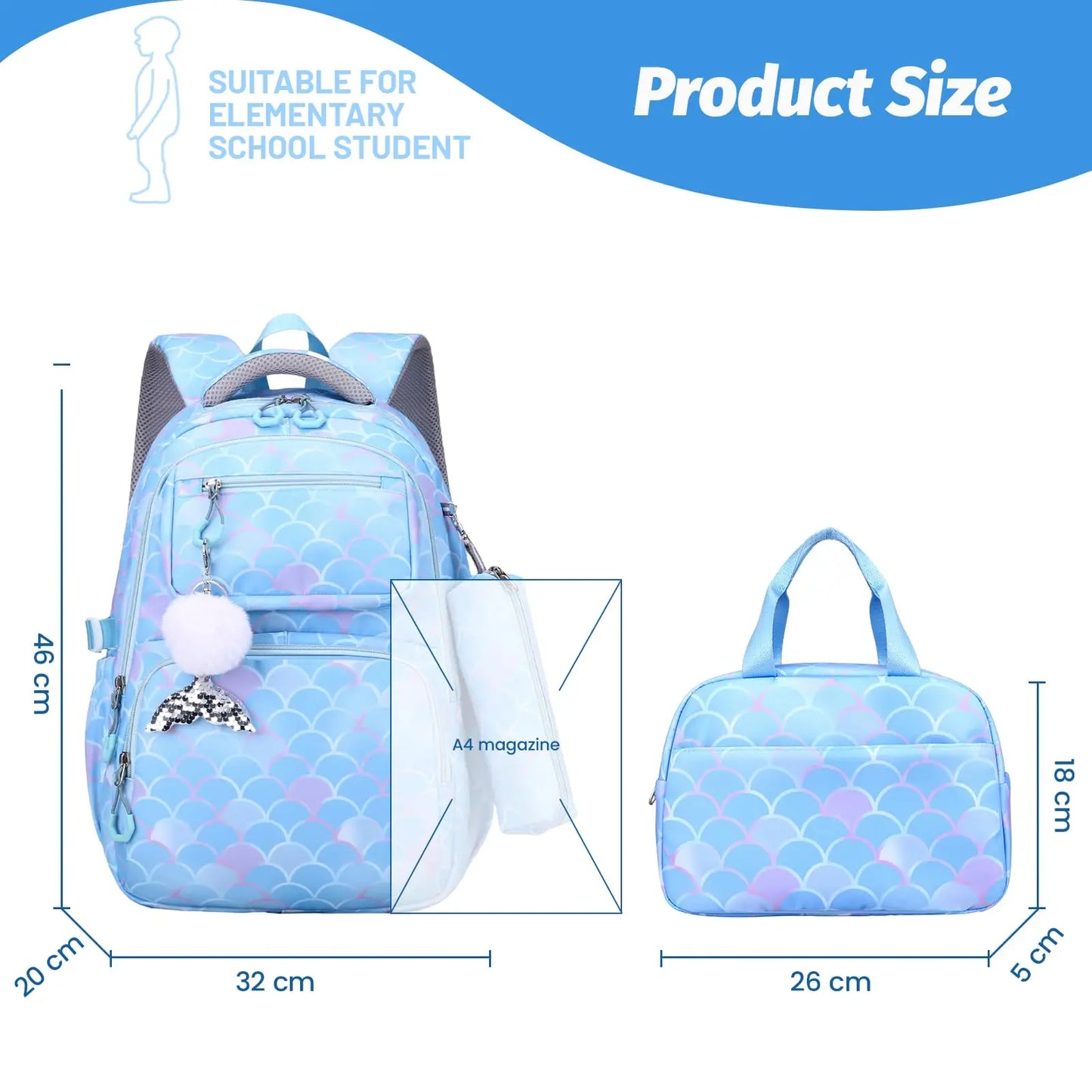 3pcs/Set Kid Backpack With Mermaid pendant Girl waterproof School Bag Children Schoolbag For teenage girls Fish Scale Print