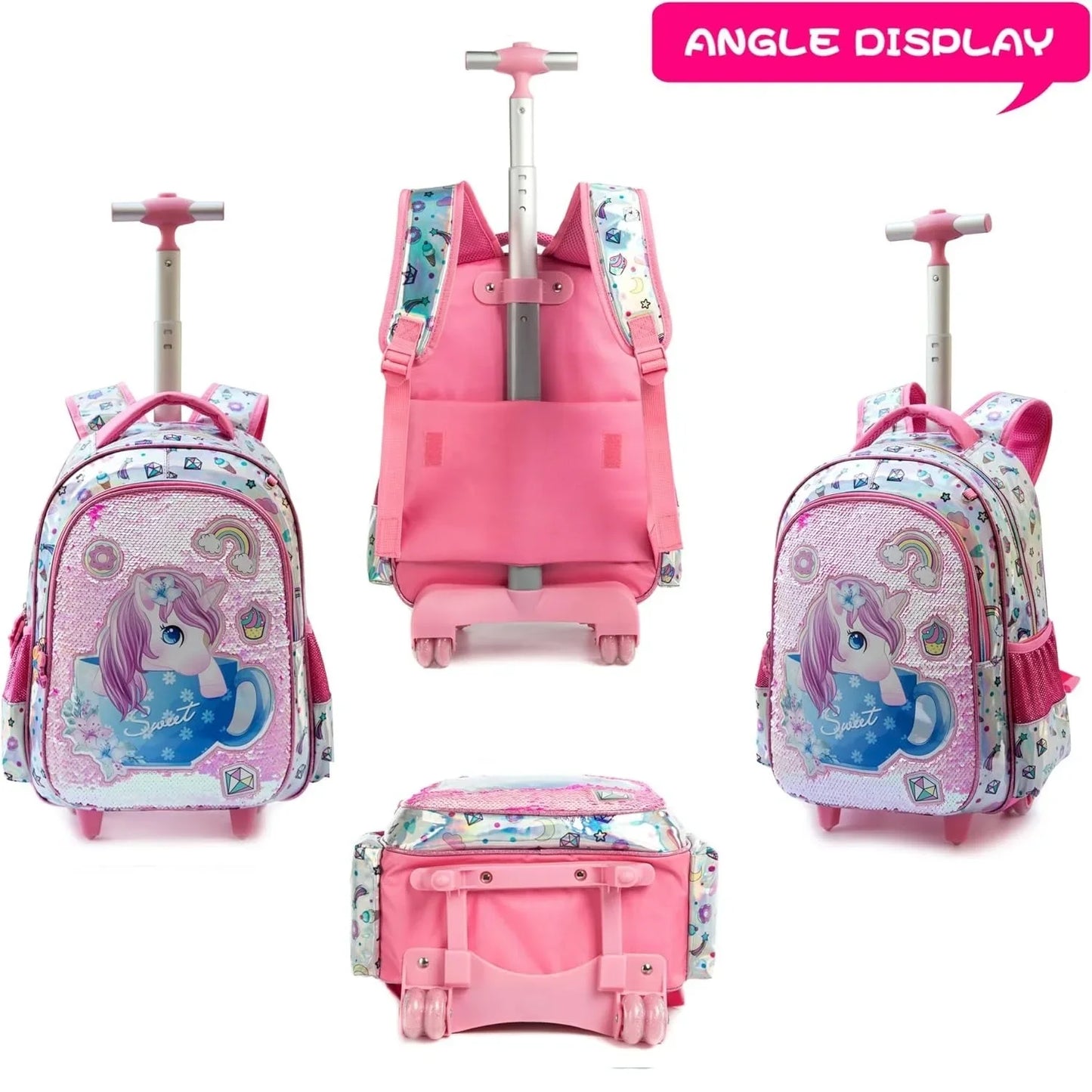 16 Inch School Backpack for Girls Children's Wheeled Backpack Sequin Bag with Lunch Box Pencil Cases for Elementary Students