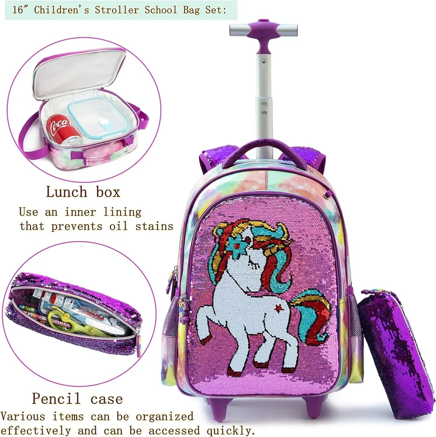 16 Inch School Backpack for Girls Children's Wheeled Backpack Sequin Bag with Lunch Box Pencil Cases for Elementary Students