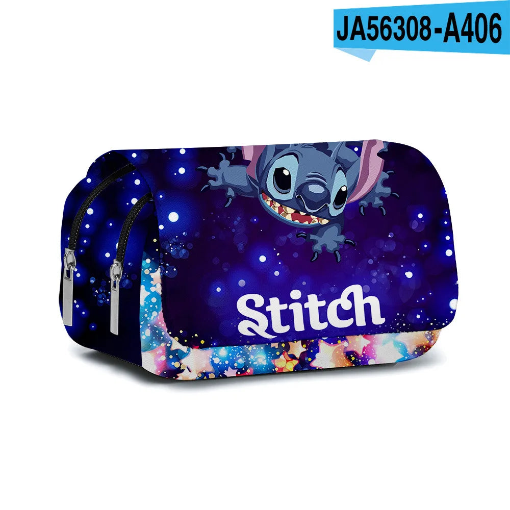 BANDAI Stitch Fully Printed Flap Pen Bag Stationery Box Cartoon Large Capacity Pencil Case Cute Anime Bags Student School Bag