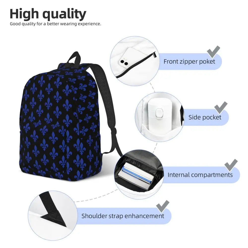 Elegant Lily Flower Fleur-De-Lys Blue And Black Backpack for Men Women Cool High School Daypack Laptop Canvas Bags with Pocket