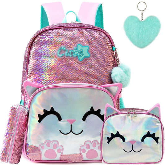 3PCS Cute Backpack for Girls Pink Cat School Backpacks Kids Sequin Bookbag for Elementary Kindergarten Students with Lunch bag ﻿