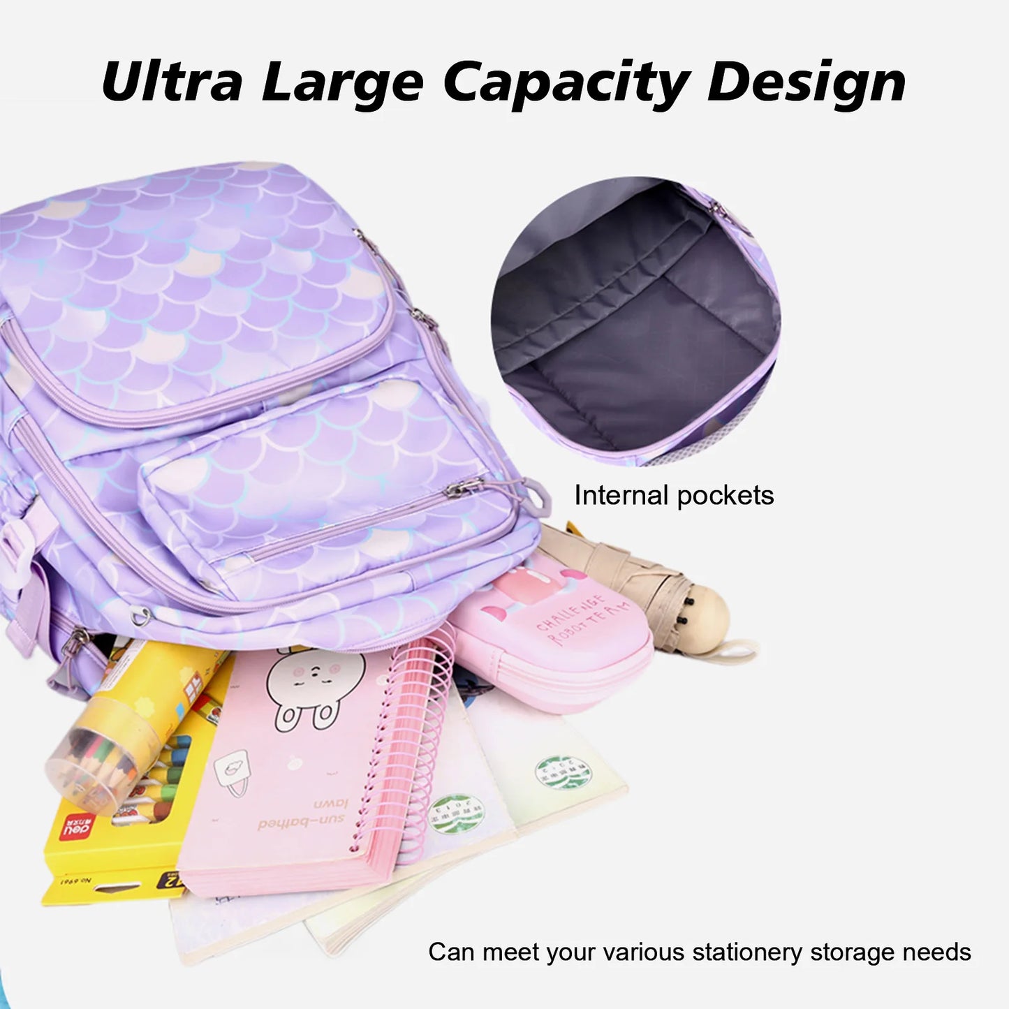 3pcs/Set Kid Backpack With Mermaid pendant Girl waterproof School Bag Children Schoolbag For teenage girls Fish Scale Print