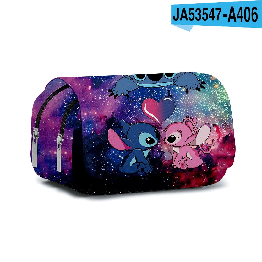 BANDAI Stitch Fully Printed Flap Pen Bag Stationery Box Cartoon Large Capacity Pencil Case Cute Anime Bags Student School Bag