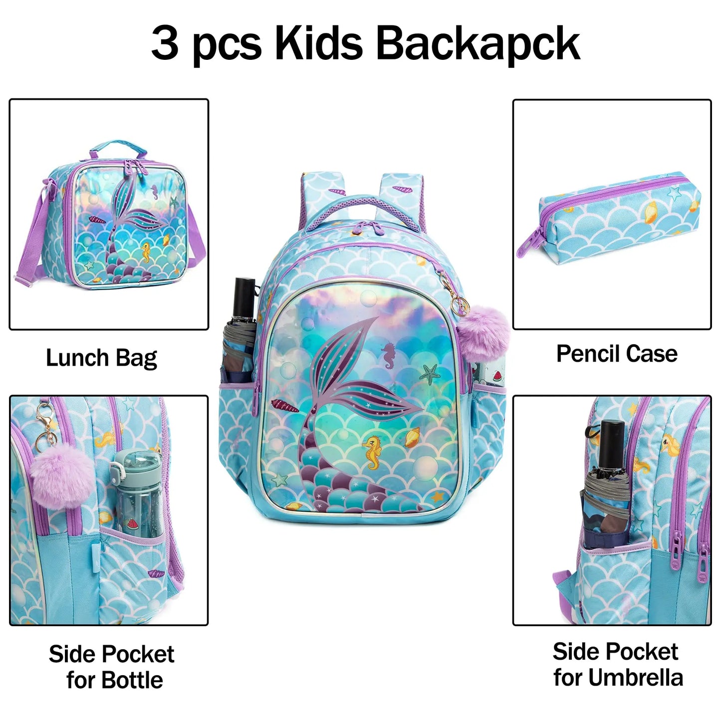 BIkab 3-piece Set School Bags for Girls  Backpack Kids  Kawaii Schoolbag Mermaid Design Backpack for Kids