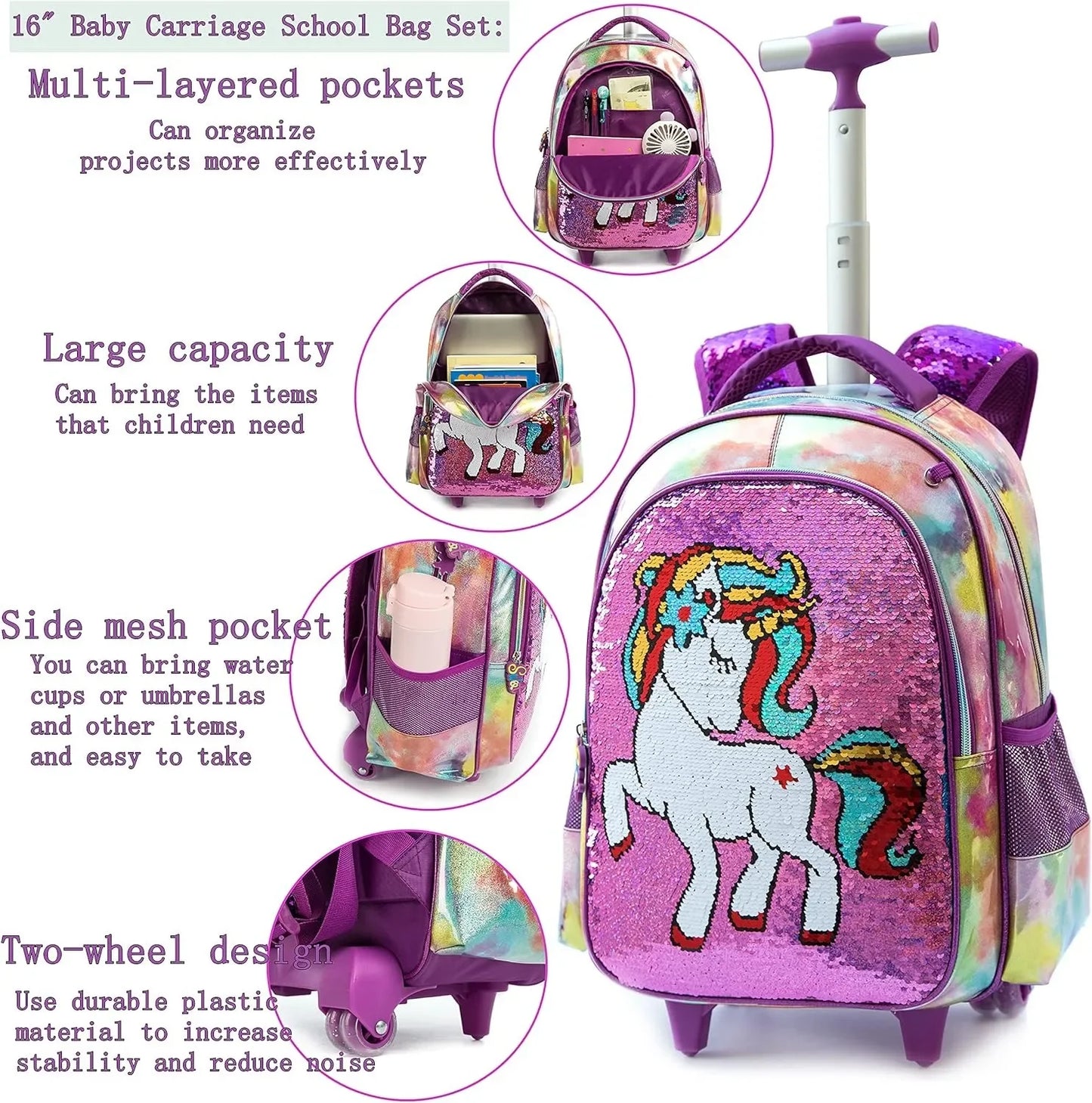 16 Inch School Backpack for Girls Children's Wheeled Backpack Sequin Bag with Lunch Box Pencil Cases for Elementary Students