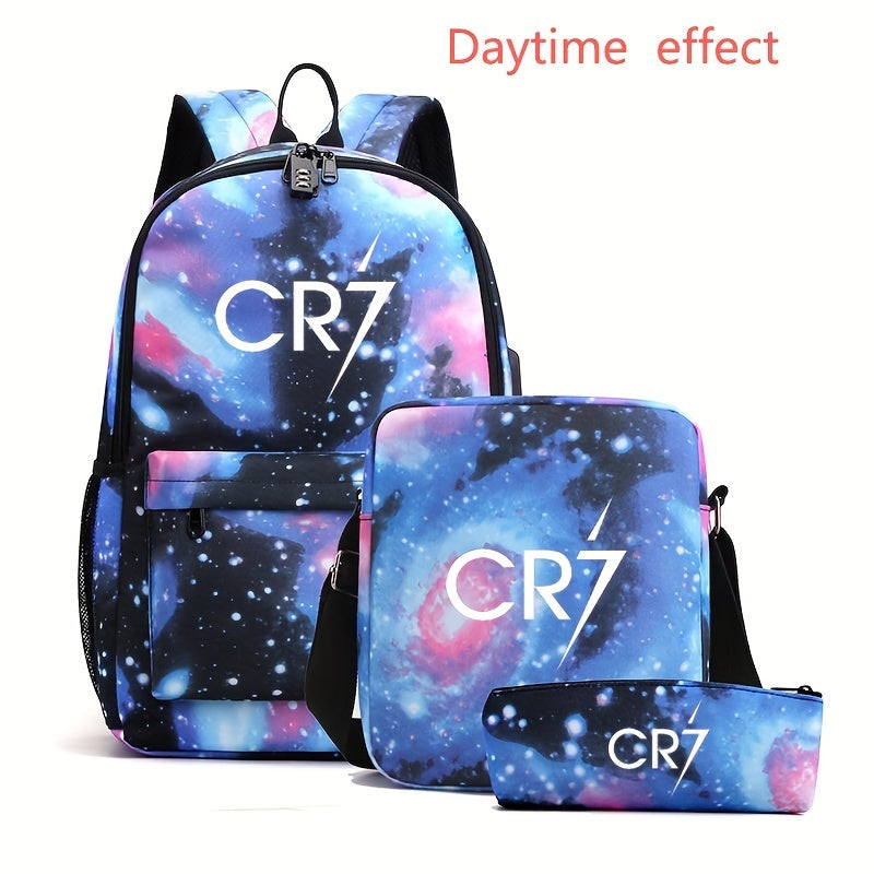 3pcs Luminous Lightweight Casual Travel & School Bags Set - Large Capacity Casual Backpack + Simple Crossbody Bag + Pen Case