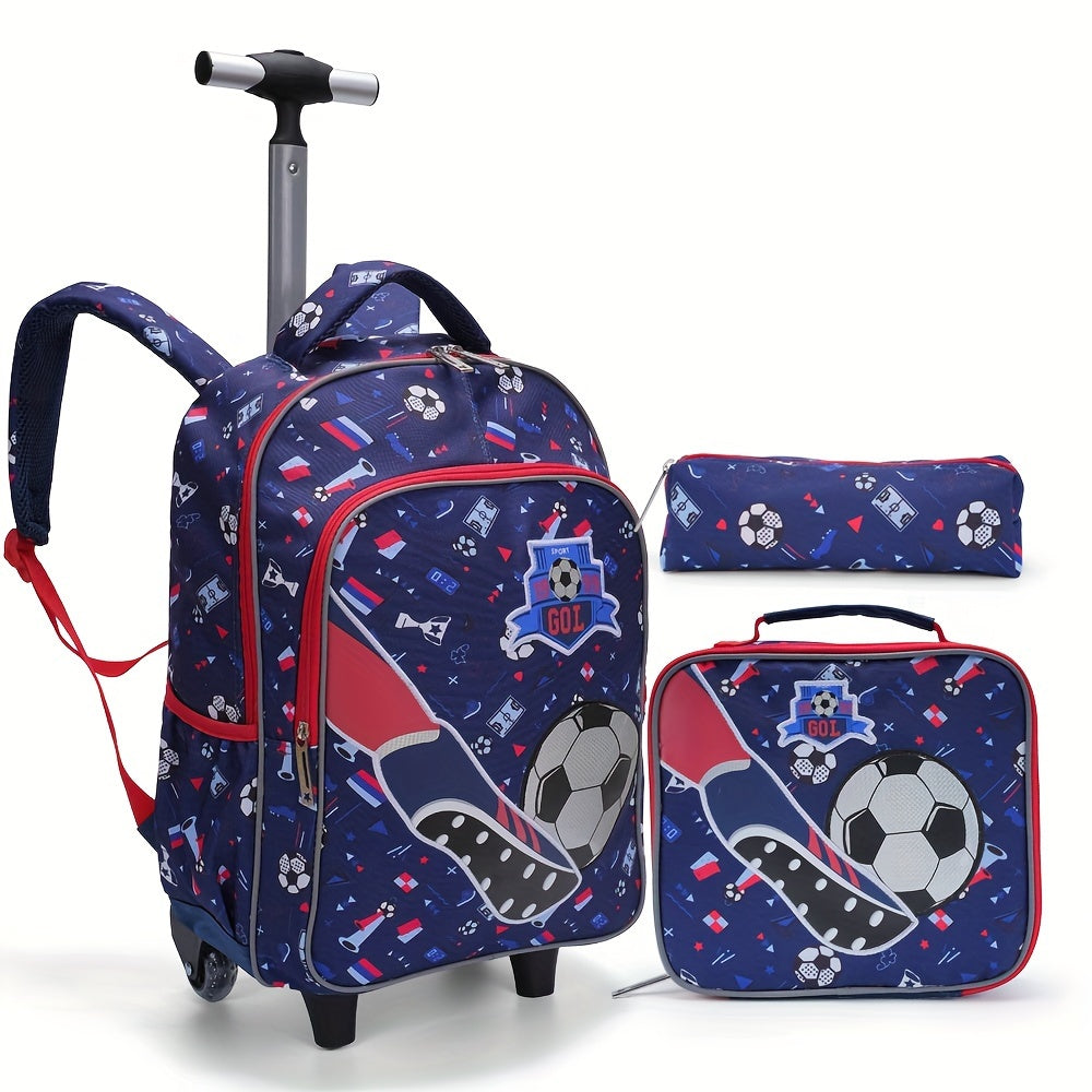 3pcs Rolling Backpack For Boys And Girls, Wheeled School Book Bag With Lunch And Pen Bag, Blue Soccer Design