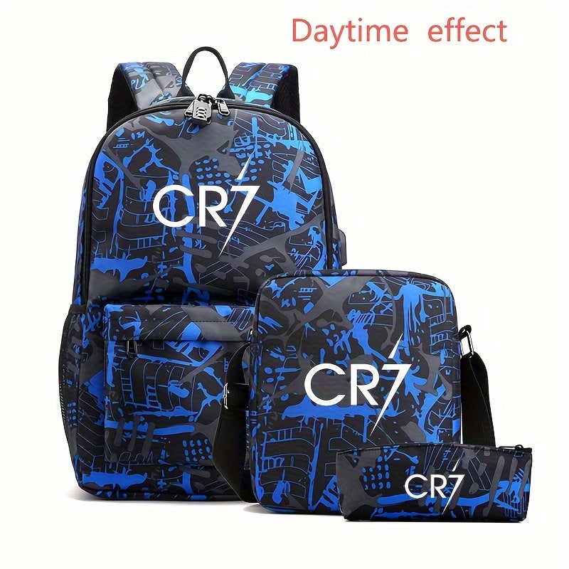 3pcs Luminous Lightweight Casual Travel & School Bags Set - Large Capacity Casual Backpack + Simple Crossbody Bag + Pen Case