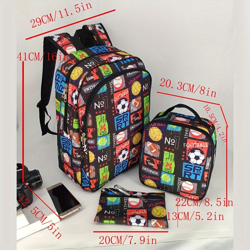 3pcs Football Backpack Set, Lunch Bag With Pencil Case, Lightweight School Bag, Suitable For Teenage Boys, Large Capacity, Suitable For Daily Use Or Travel