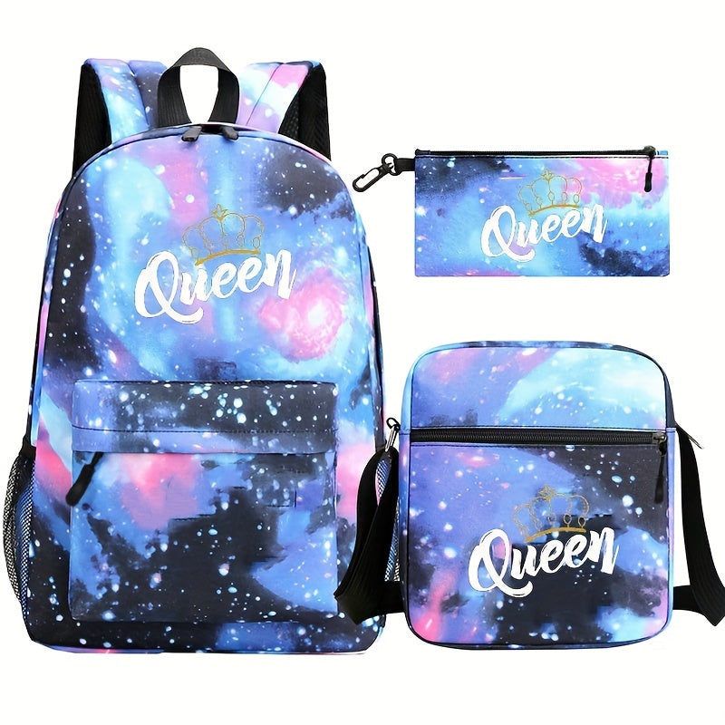 3pcs/set King And Queen Print Business & School Bags Set - Large Capacity Casual Simple Travel Backpack With Crossbody Bag And Pen Case