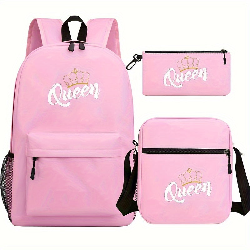 3pcs/set King And Queen Print Business & School Bags Set - Large Capacity Casual Simple Travel Backpack With Crossbody Bag And Pen Case