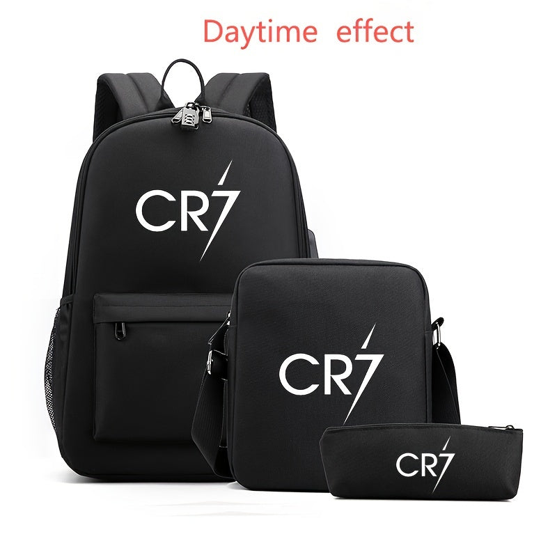 3pcs Luminous Lightweight Casual Travel & School Bags Set - Large Capacity Casual Backpack + Simple Crossbody Bag + Pen Case