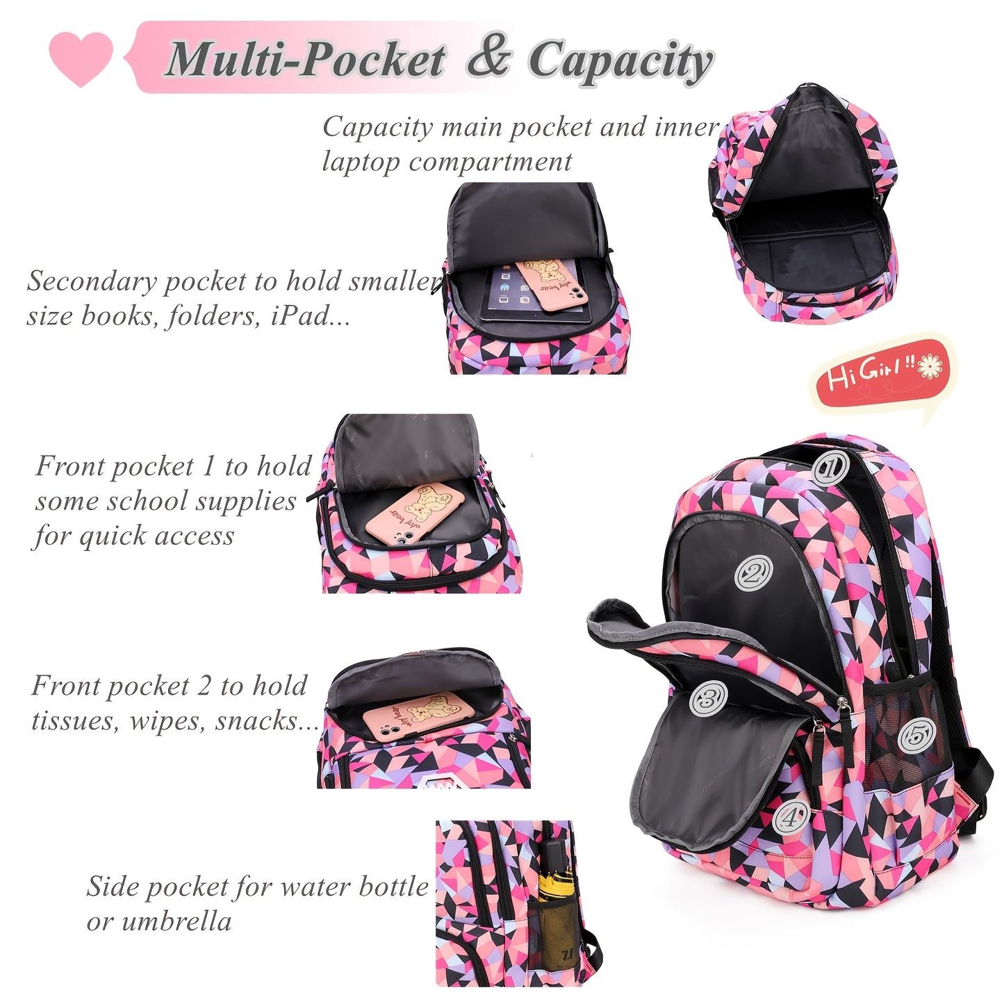 3pcs Students Waterproof Schoolbag Set Girls Backpack Princess School Bag